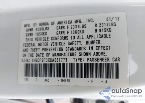 2012 Honda Accord 2.4 Lx from USA, damaged, VIN 1HGCP2F3XCA081773